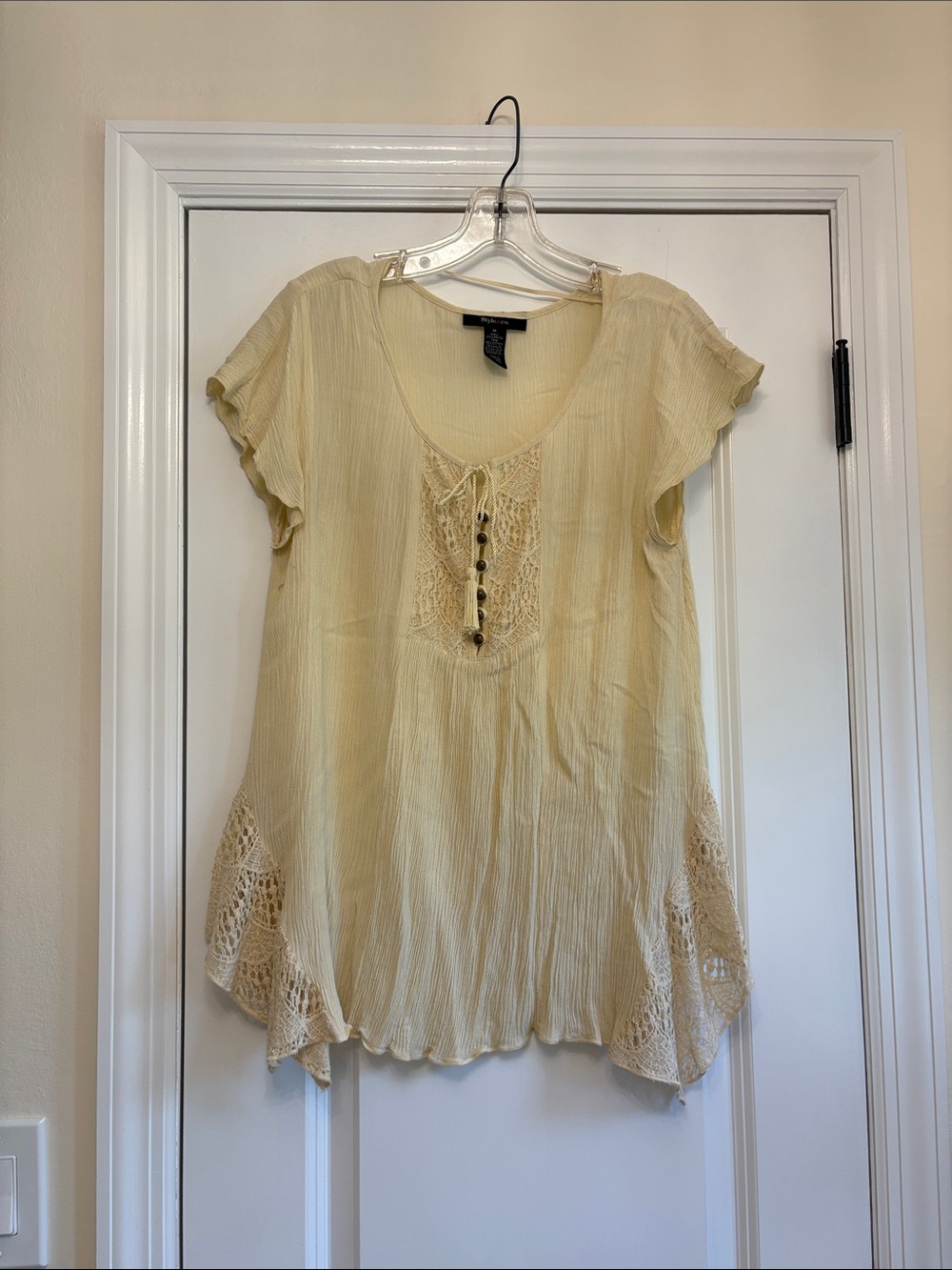 Style & Co. Pale Yellow Crochet-Trim Peasant Blouse